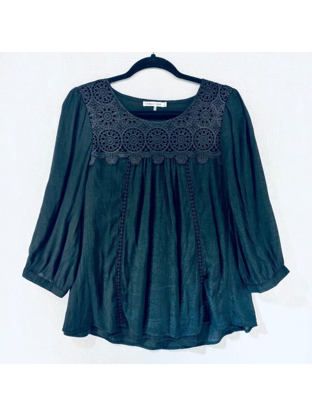 Anthropologie Figueroa & Flower Top Womens L Black Crochet Blouse Whimsygoth - Picture 1 of 11